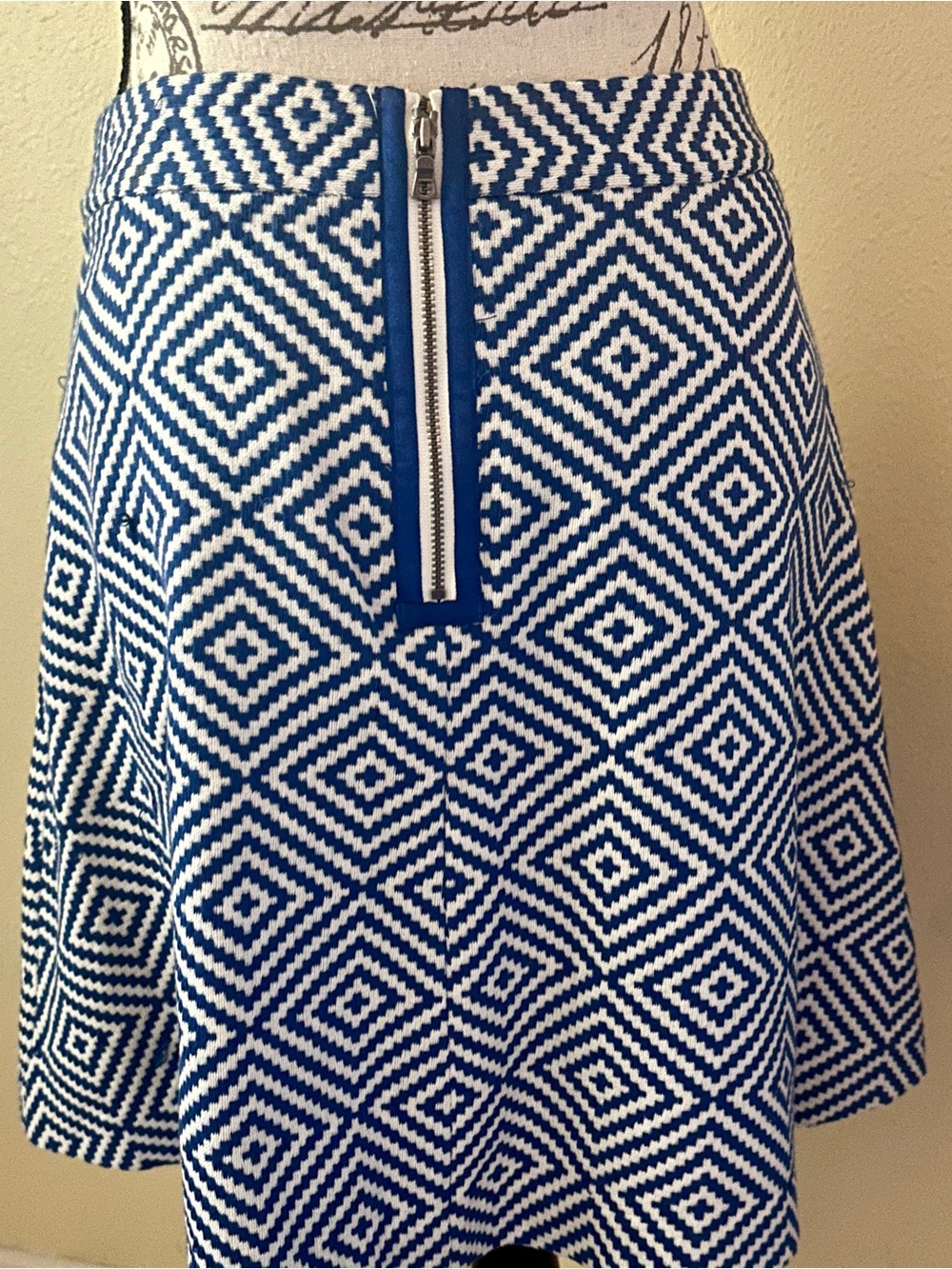Alice & Olivia Blue & White Geometric Skater Skirt